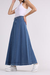 2401008-Belted Ruffled Waist Denim Maxi Skirt