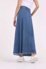 2401008-Belted Ruffled Waist Denim Maxi Skirt