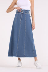 2401008-Belted Ruffled Waist Denim Maxi Skirt