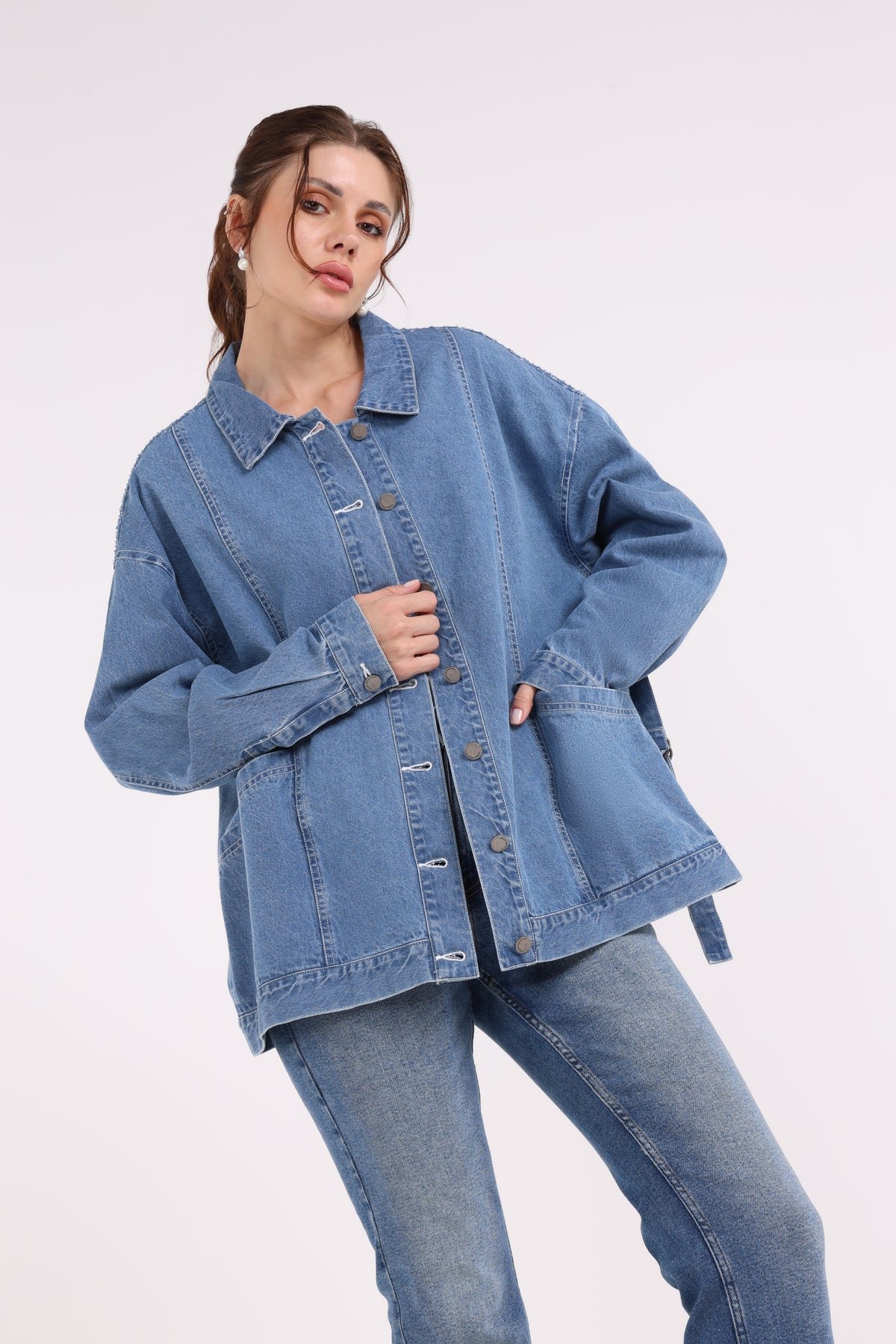 2403015-Back Printed Loose Fit Denim Jacket