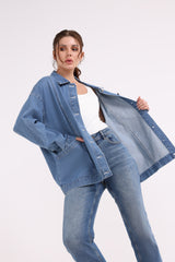 2403015-Back Printed Loose Fit Denim Jacket