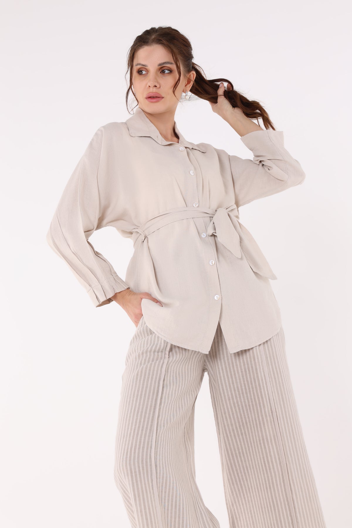 2402085-Belted Buttoned Solid Shirt