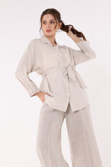 2402085-Belted Buttoned Solid Shirt