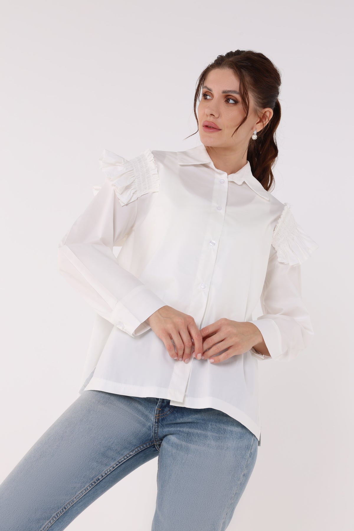 Ruffled Patch Shoulder Solid Shirt