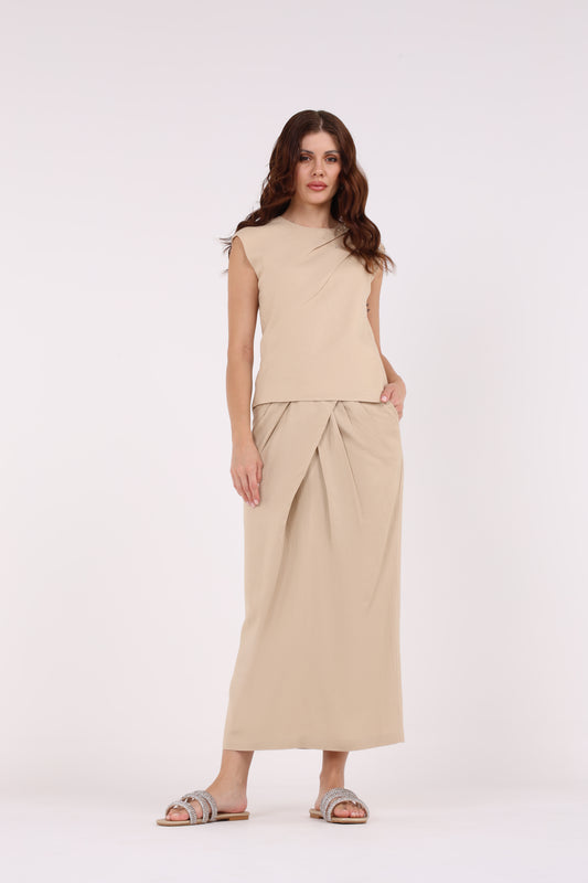 Pleated Waist Solid Maxi Skirt