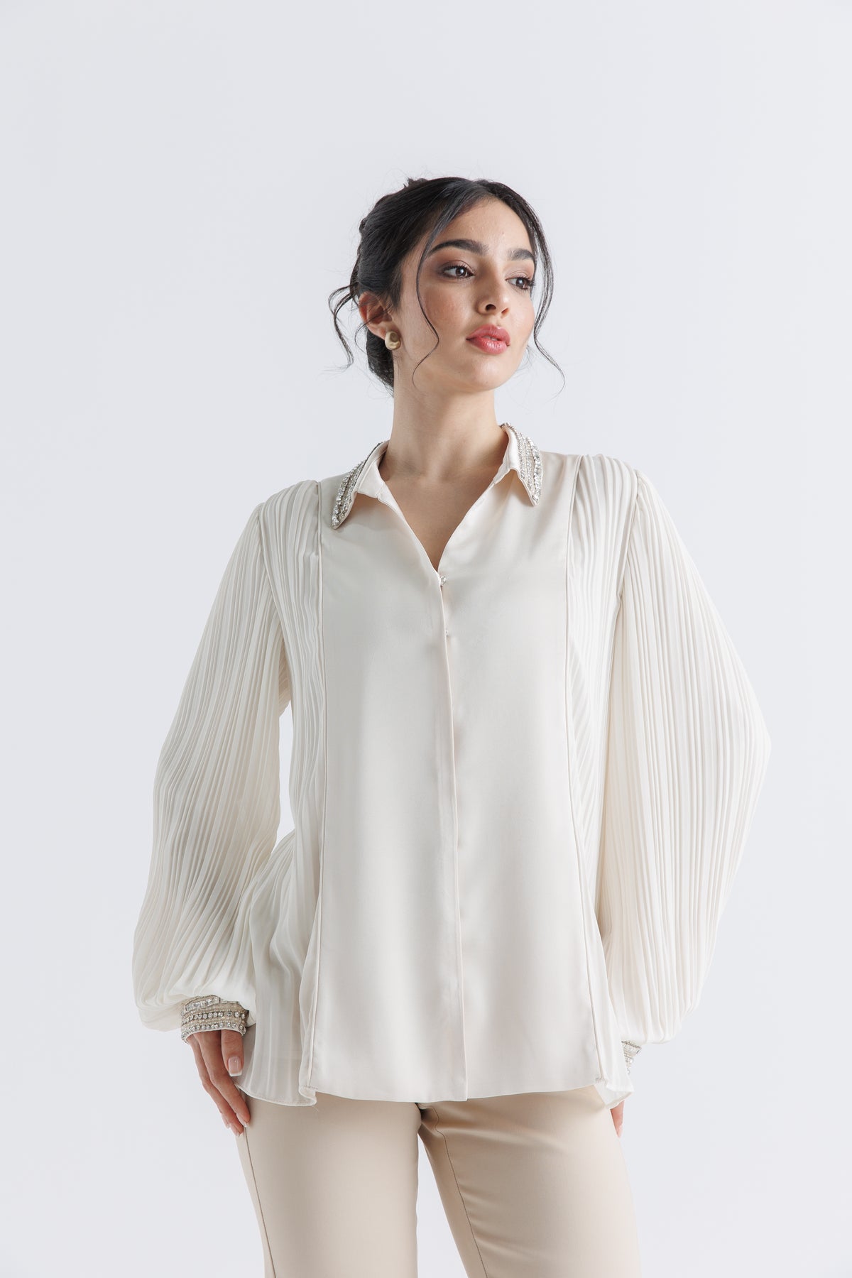 Elegance Redefined: Embellished Pleated Sleeve Shirt