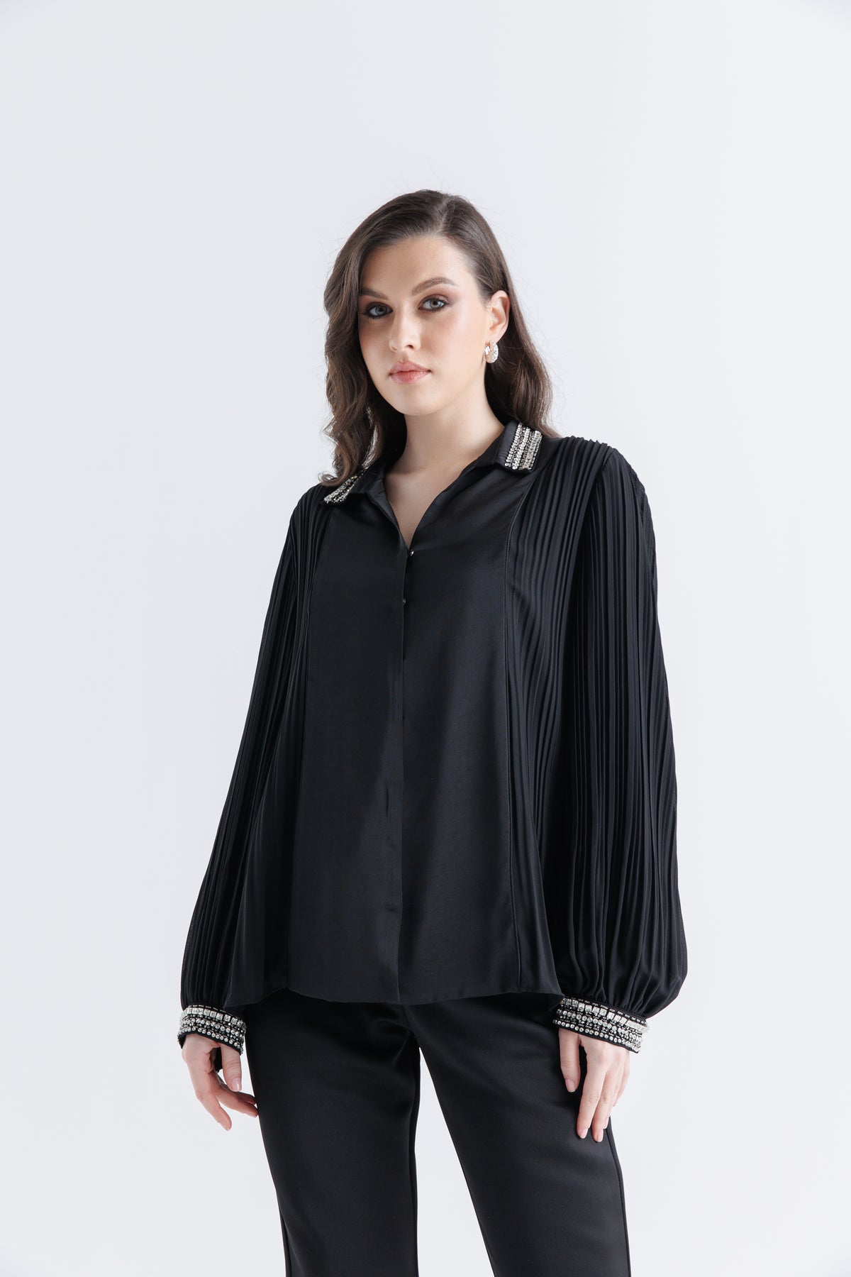 Elegance Redefined: Embellished Pleated Sleeve Shirt