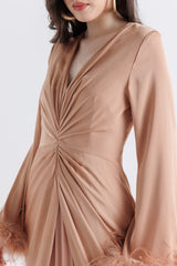 Timeless Elegance: Pleated Gown with Feather Cuffs