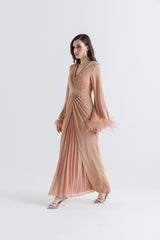 Timeless Elegance: Pleated Gown with Feather Cuffs