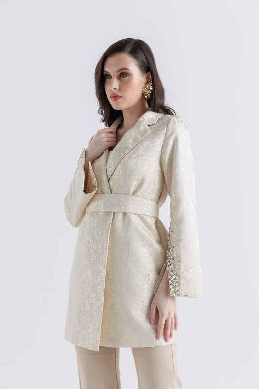 Luxe Brocade Belted Jacket – Elegance Redefined