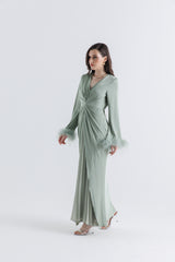 Timeless Elegance: Pleated Gown with Feather Cuffs