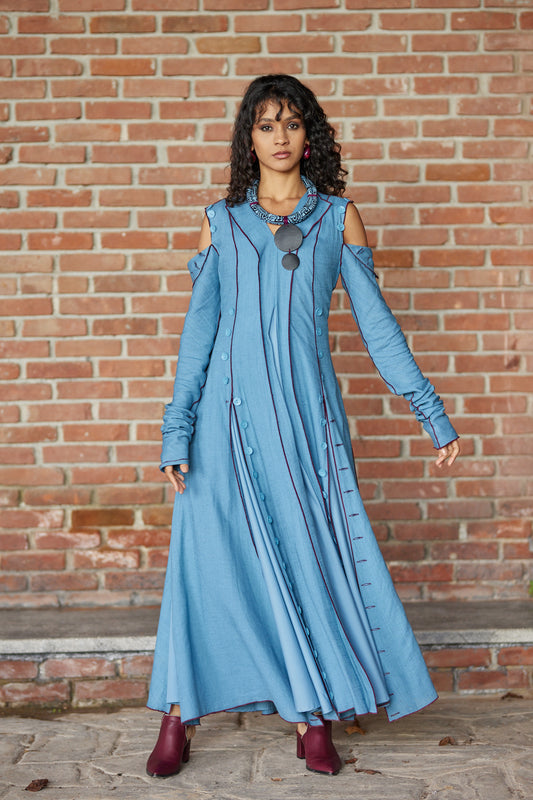 Button Shoulder Flared Maxi Dress