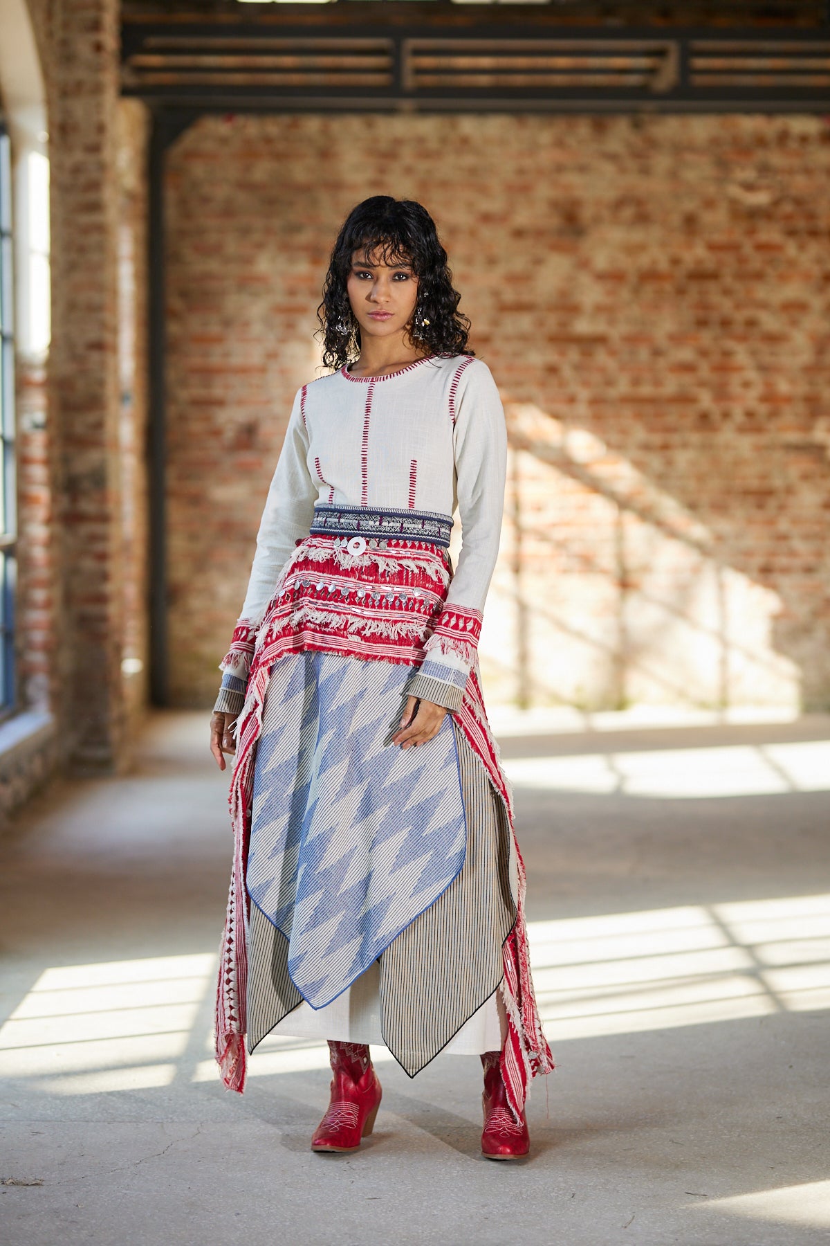 Bohemian-Inspired Embroidered Dress with Layered Wrap Skirt