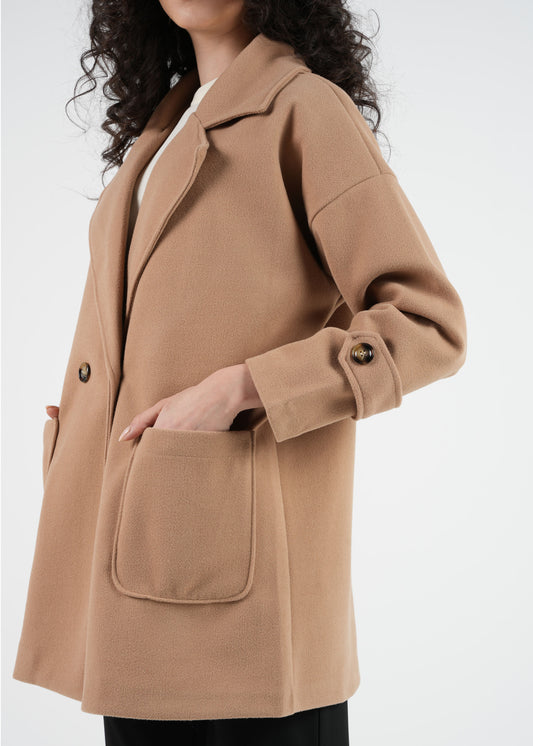 Oversized Double-Breasted Coat with Buttoned Sleeves