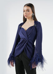 Feather Sleeve Draped Blouse/بلوزة بأكمام ريشة مع تصميم متمّوج