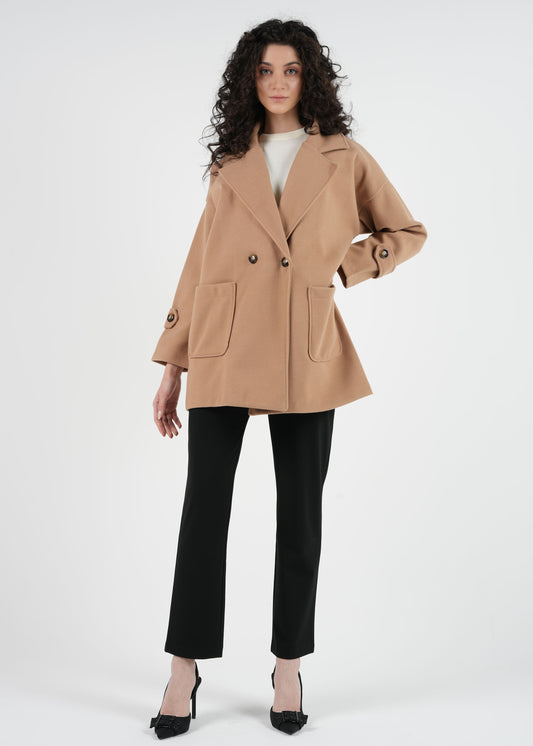 Oversized Double-Breasted Coat with Buttoned Sleeves