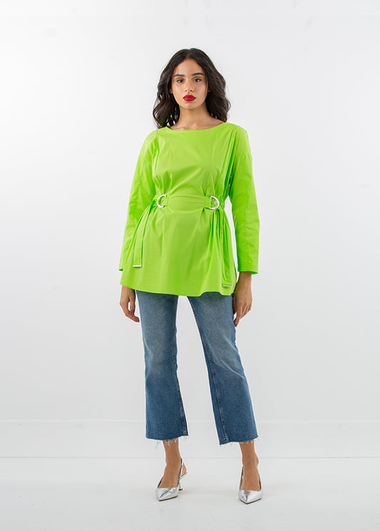 2205092-Buckle with Drawstring Waist Blouse