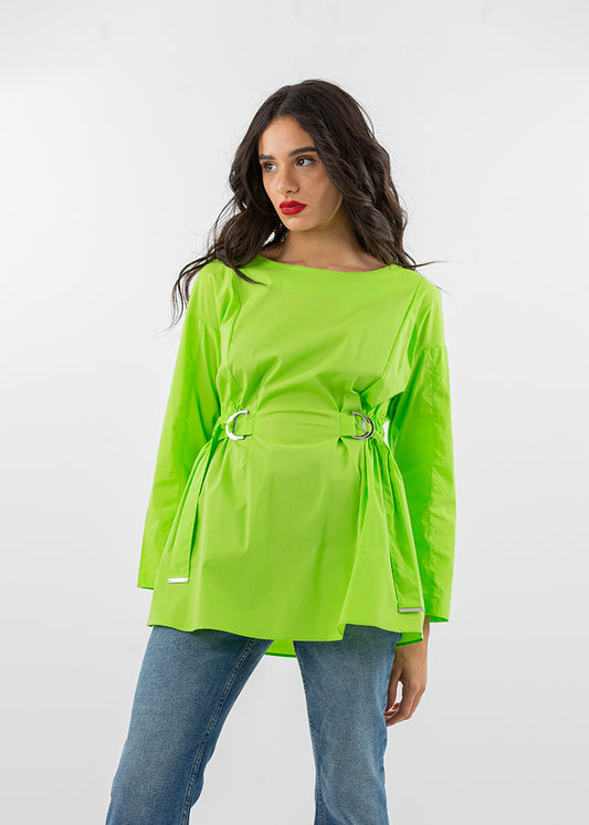 2205092-Buckle with Drawstring Waist Blouse