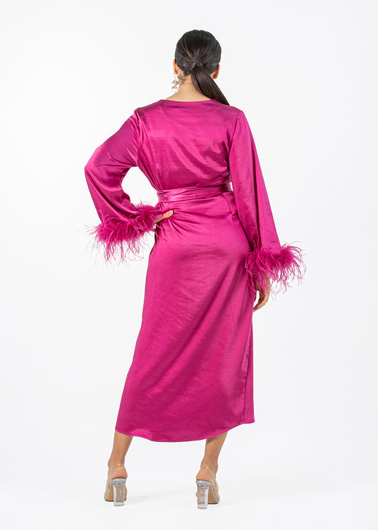 2306210-Asymetrical Long Sleeves Dress With Feathered Cuff