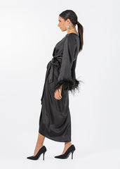 2306210-Asymetrical Long Sleeves Dress With Feathered Cuff