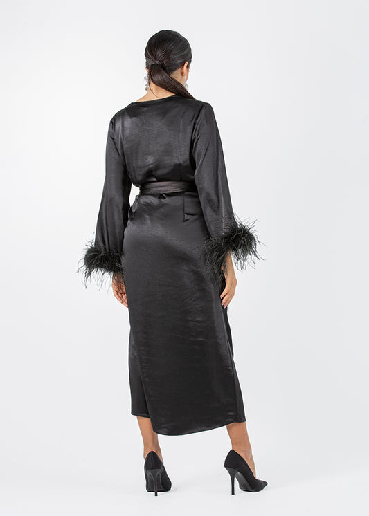 2306210-Asymetrical Long Sleeves Dress With Feathered Cuff