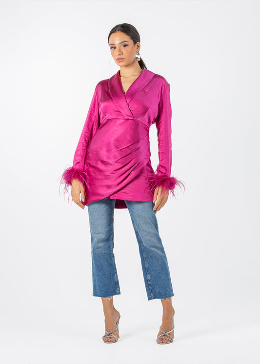 2306200-Long Sleeve Top with Feather Cuff Detail