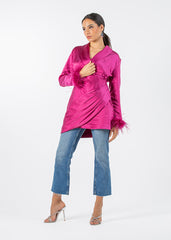 2306200-Long Sleeve Top with Feather Cuff Detail