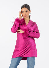 2306200-Long Sleeve Top with Feather Cuff Detail