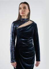 Velvet and Sequins Asymmetrical Dress\فستان فيلفيت مع ترتر بتصميم مائل