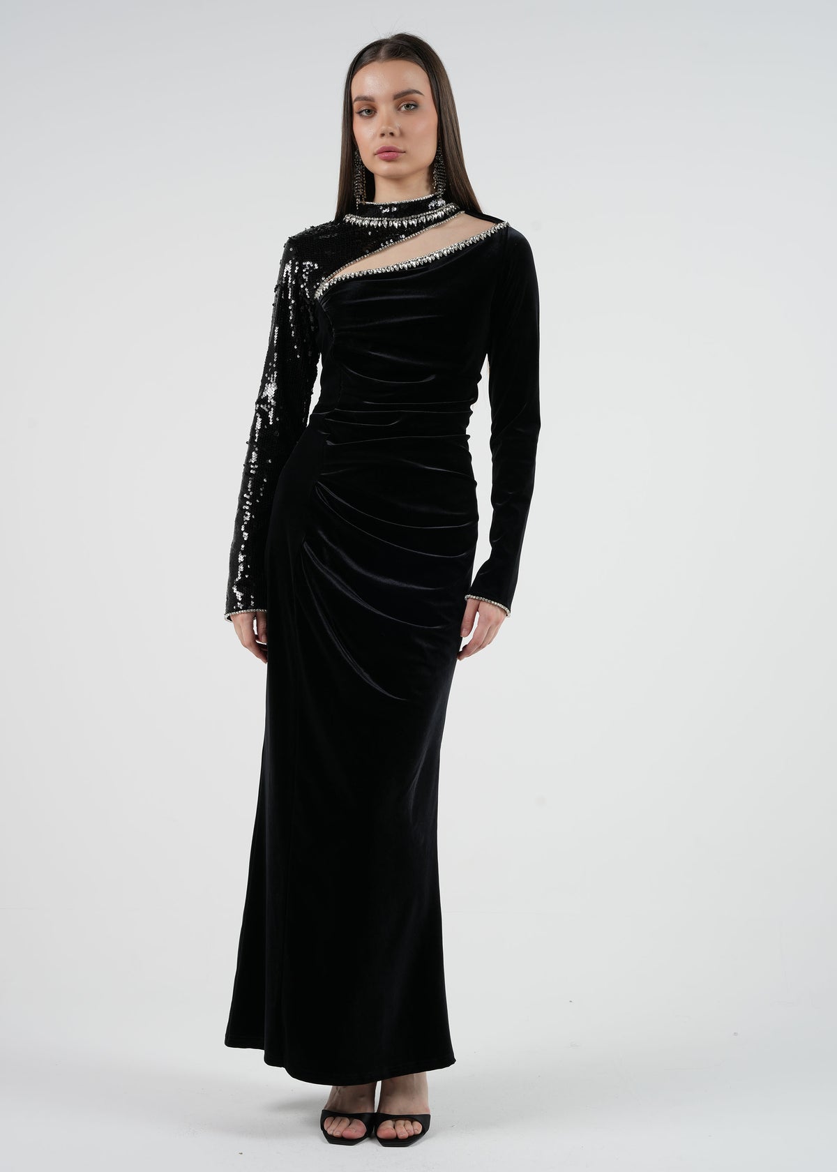 Velvet and Sequins Asymmetrical Dress\فستان فيلفيت مع ترتر بتصميم مائل