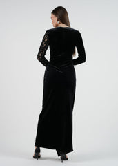 Lace Half Shoulder & Sleeves with Crystal Hem Maxi Dress\فستان ماكسي بأكتاف وأكمام دانتيل مع حافة كريستالية