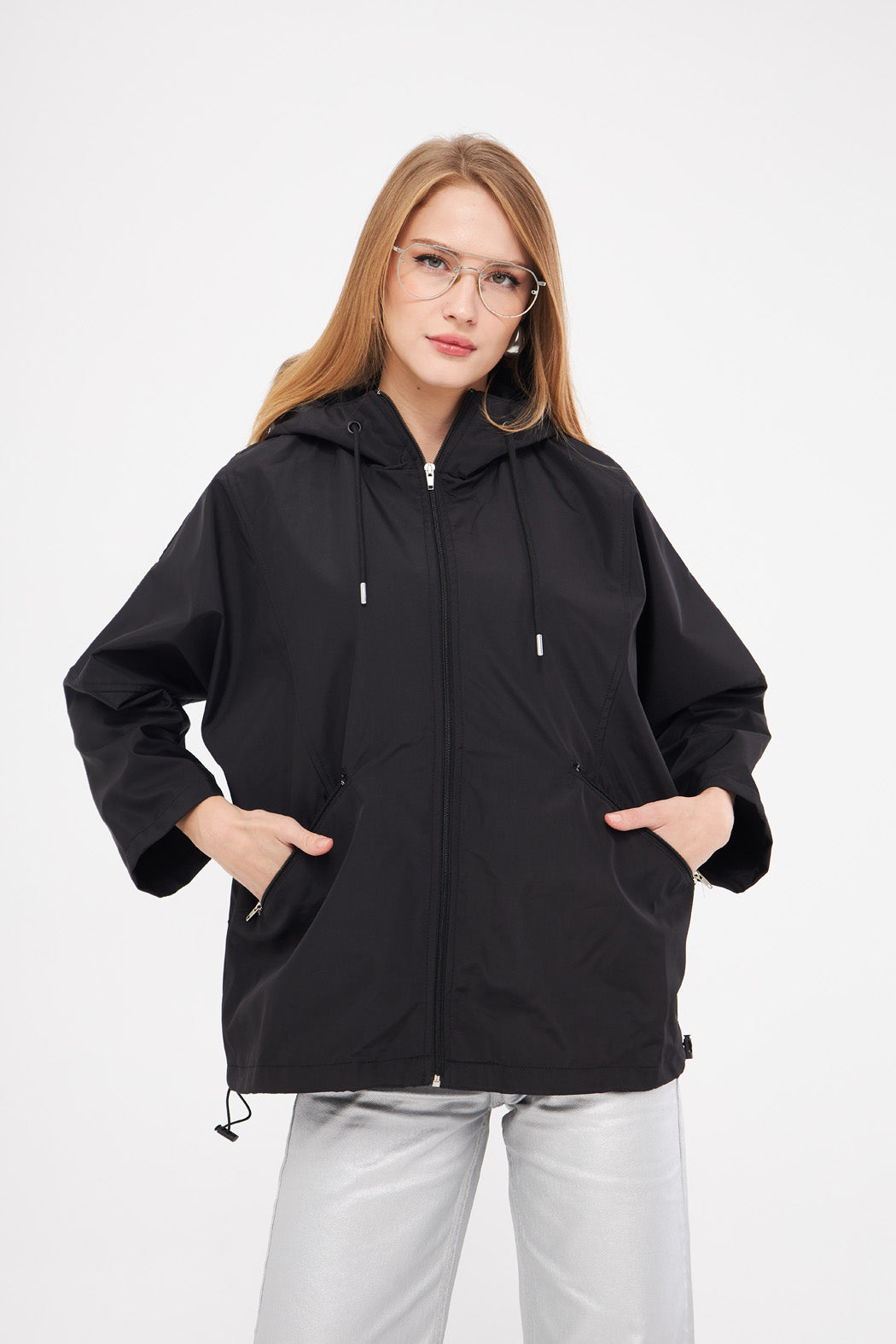 Waterproof Jacket with Drawstring Hoodie & Side Pockets