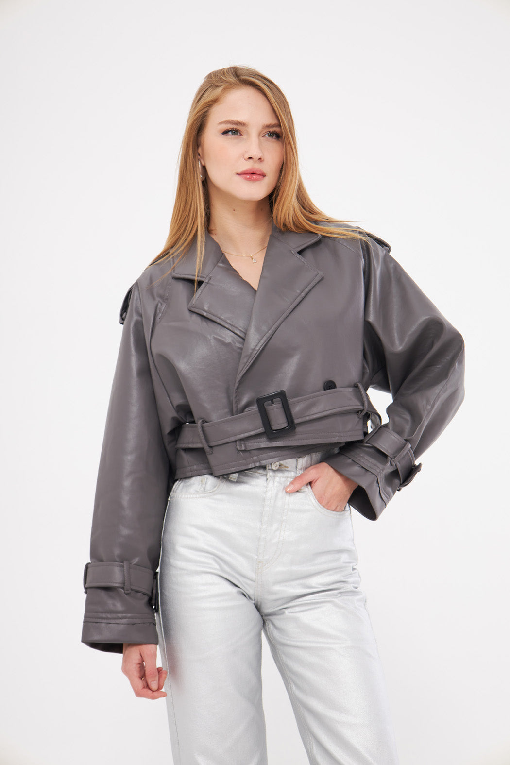 Solid Leather Cropped Jacket with Belt