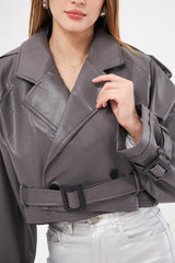 Solid Leather Cropped Jacket with Belt