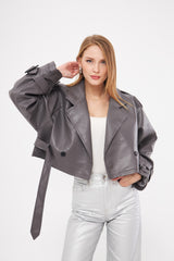 Solid Leather Cropped Jacket with Belt