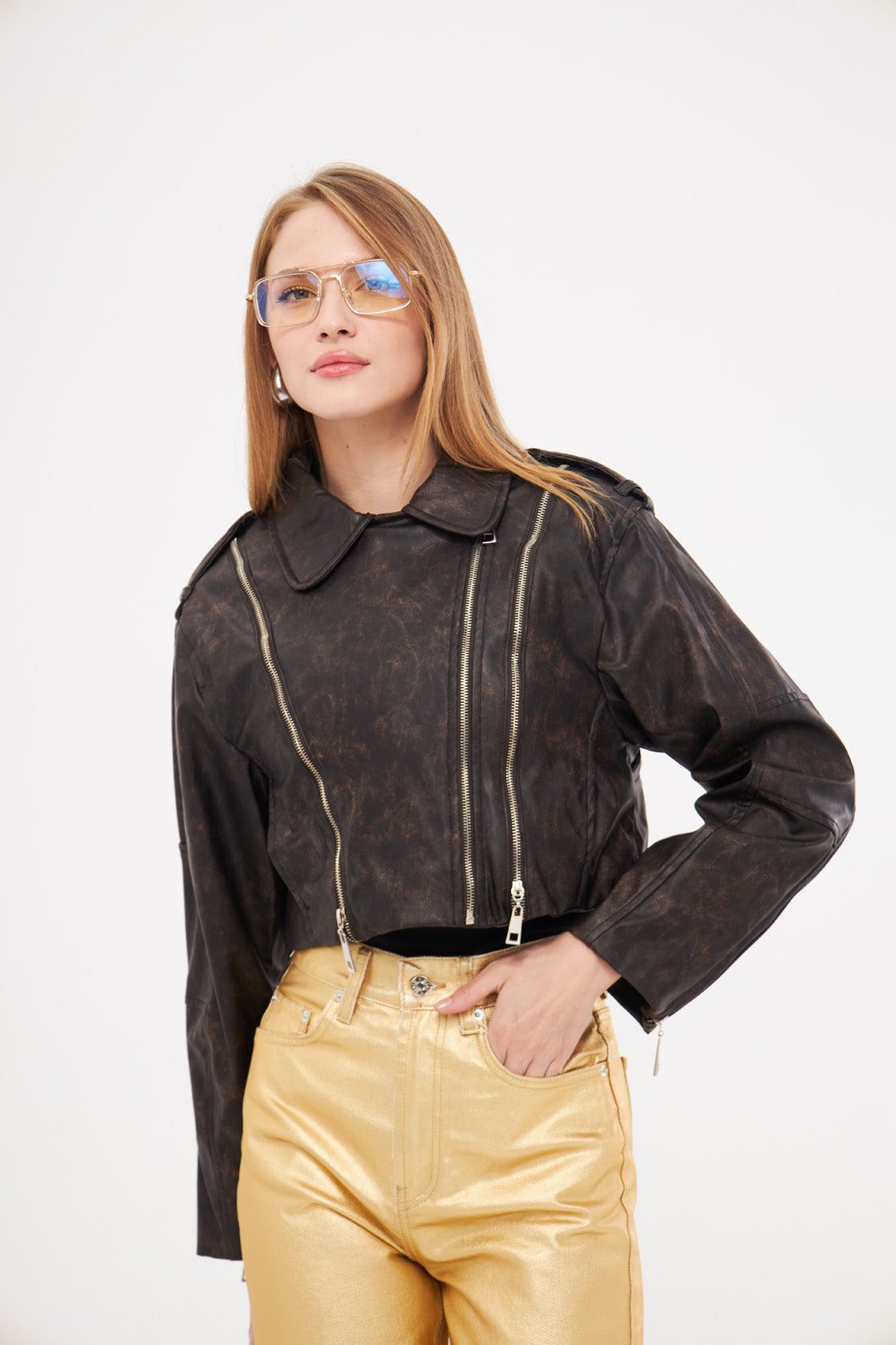 Cropped Overlap Leather Jacket with Contrast Zipper