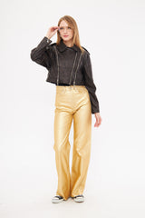 Cropped Overlap Leather Jacket with Contrast Zipper