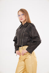 Cropped Overlap Leather Jacket with Contrast Zipper