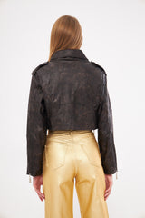 Cropped Overlap Leather Jacket with Contrast Zipper