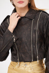 Cropped Overlap Leather Jacket with Contrast Zipper