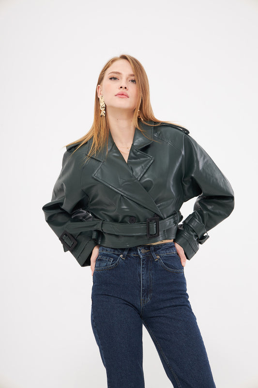 Solid Leather Cropped Jacket with Belt