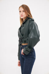 Solid Leather Cropped Jacket with Belt