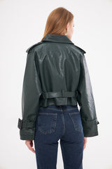 Solid Leather Cropped Jacket with Belt