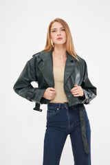 Solid Leather Cropped Jacket with Belt