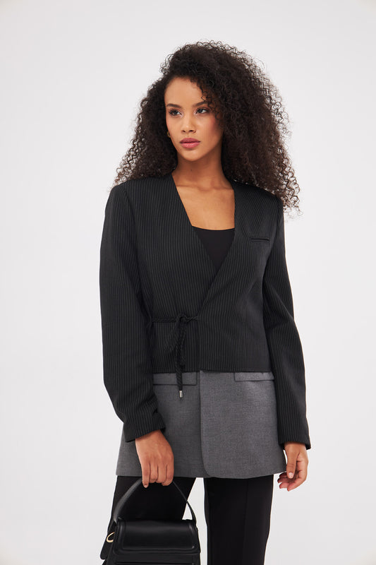 Two-Toned Tie-Up Blazer with Faux Pockets