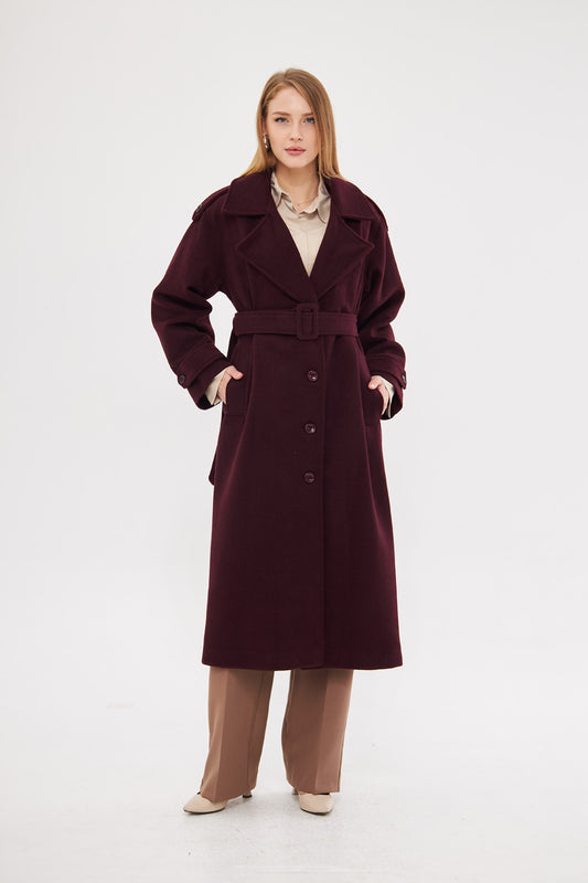 Notched Neckline Solid Midi Coat