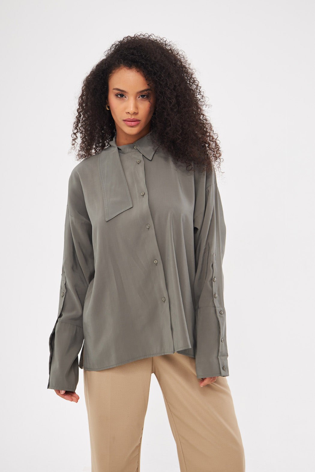 Solid Hidden Buttoned Shirt with Asymmetrical Collar