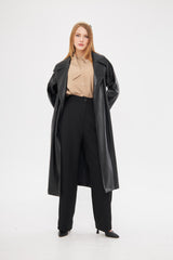 Solid Leather Midi Coat with Front Pockets