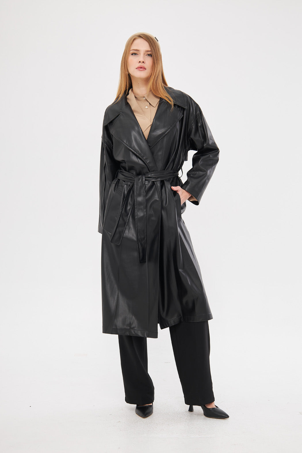 Solid Leather Midi Coat with Front Pockets