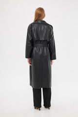 Solid Leather Midi Coat with Front Pockets